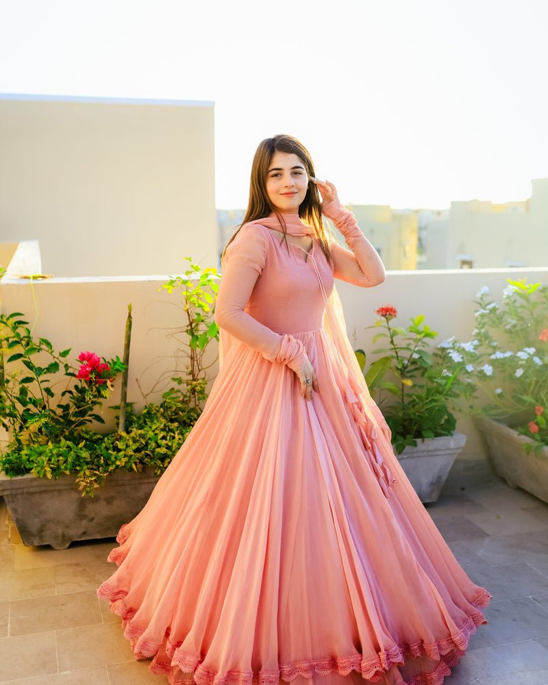 Demanding Peach Color Lace Work Long Anarkali Gown