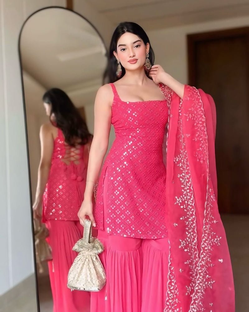Designer Rani Pink Sharara Suit With Embroidered Kurta And Dupatta